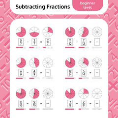 Subtracting Fractions Mathematical Worksheet. Coloring Book Page. Math Puzzle. Educational Game. 
