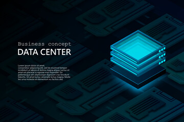 Data storage and processing, abstract technology elements, cloud storage data flow, data center, isometric server rack concept dark blue vector illustration