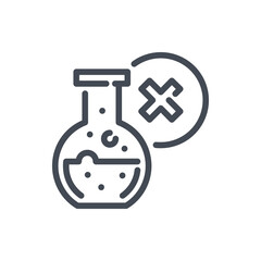 Poster - Lab glass bottle with negative result line icon. Science glassware with liquid and cross vector outline sign.