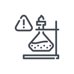 Poster - lab experiment with bottle with burning liquid and attention notification line icon. science experim