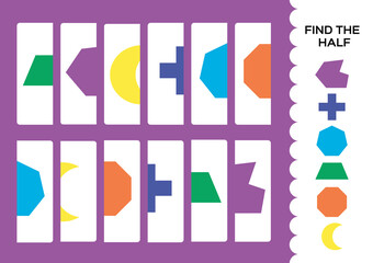 Find the half for shapes. Simple educational game for kids. Education game for preschool.Kids activity flashcard. Geometric shapes set to find the second half. Game to compare and connect. Purple.