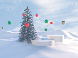 Poster - Winter Christmas scene with White podium for product display. 3d render.