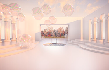 Poster - Abstract Autumn scene with geometrical forms, arch with a podium in natural day light. 3D render background.