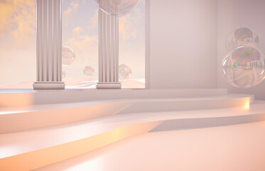 Fototapete - Abstract Autumn scene with geometrical forms, arch with a podium in natural day light. 3D render background.