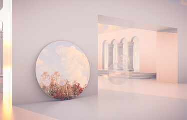 Poster - Abstract Autumn scene with geometrical forms, arch with a podium in natural day light. 3D render background.