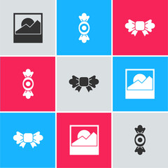 Sticker - Set Photo, Candy and Bow tie icon. Vector.