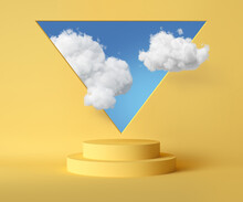 3d Render, Abstract Background With Blue Sky Inside The Triangular Hole On The Yellow Wall. White Clouds Fly Into The Room Through The Window Above The Empty Pedestal. Blank Showcase Mockup