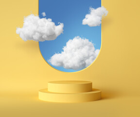 Wall Mural - 3d render, abstract background with blue sky inside the window on the yellow wall. White clouds fly inside the room with vacant podium. Blank showcase mockup with empty round stage