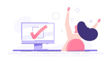 Happy Woman Completed Task And Triumphing With Raised Hands On The Her Workplace.  Successful Well Done Work. Completed Task. Modern Vector Illustration.