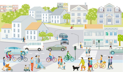  Stadtsilhouette mit Menschen und Straßenverkehr,  Illustration