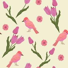 Seamless Vector Illustration With Pink Tulips And Birds.