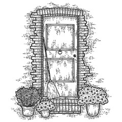 Wall Mural - Vintage, brick door with flowers. Sketch scratch board imitation.