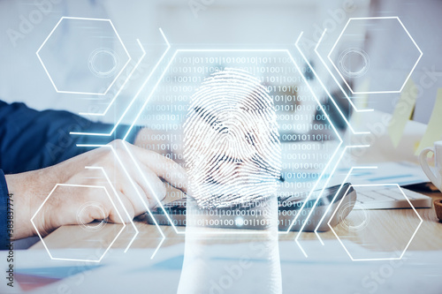 Fotografía Fingerprint scan provides safe access with biometrics identification, concept of the future of security and password control through advanced technology