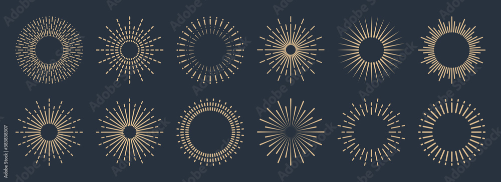 Vintage sunburst collection. Bursting golden sun rays. Fireworks. Logotype or lettering design element. Radial sunset beams. Vector illustration. - obrazy, fototapety, plakaty 