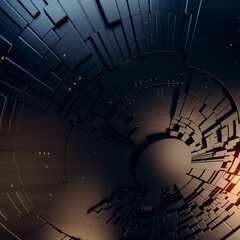 Aufkleber - Sci fi black geometric pattern with glowing elements. Trendy cover design Depth of field. 3d rendering illustration