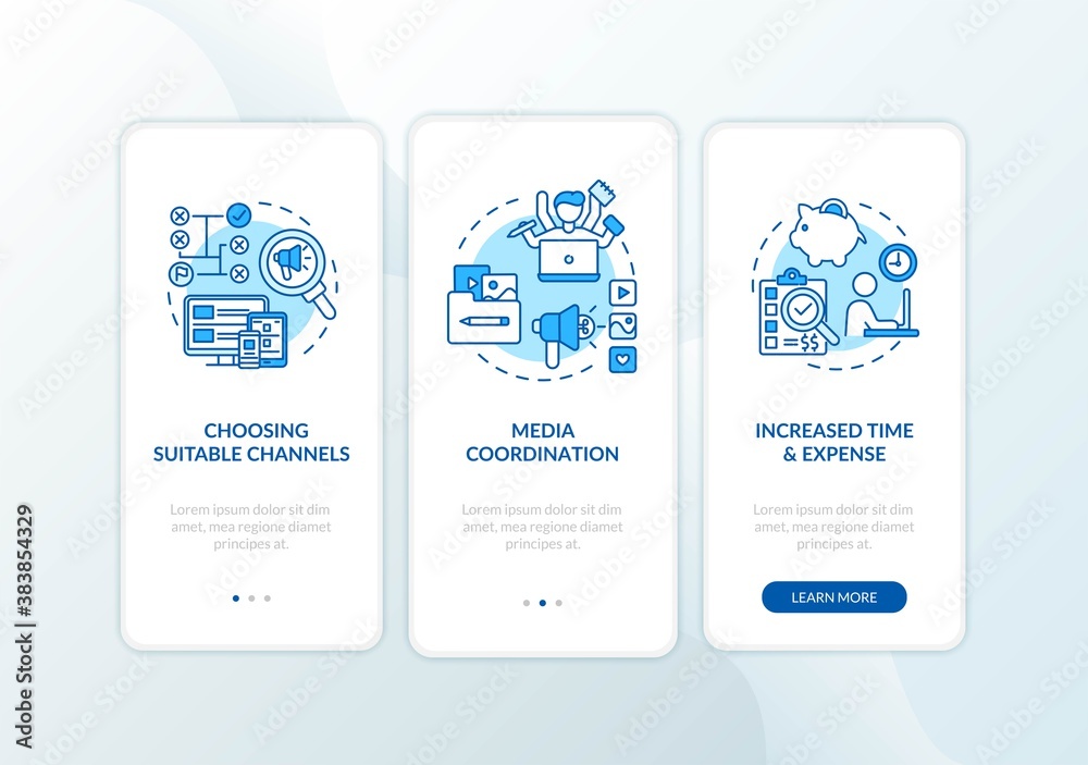 Marketing channel strategy onboarding mobile app page screen with concepts. Social network coordination walkthrough 3 steps graphic instructions. UI vector template with RGB color illustrations - obrazy, fototapety, plakaty 