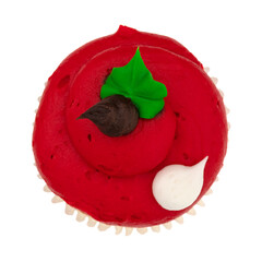 Wall Mural - Top view of a brightly frosted red cupcake isolated on a white background.
