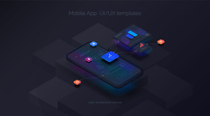 User experience. Smartphone mockup on black background with interactive user interface. The process of creating a mobile application. Website wireframe for mobile apps with active layers and links