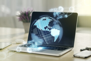 Aufkleber - Creative abstract robotics technology sketch with globe on modern laptop background, future technology and AI concept. Double exposure