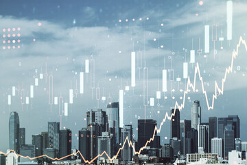 Double exposure of abstract creative financial chart hologram on Los Angeles skyscrapers background, research and strategy concept