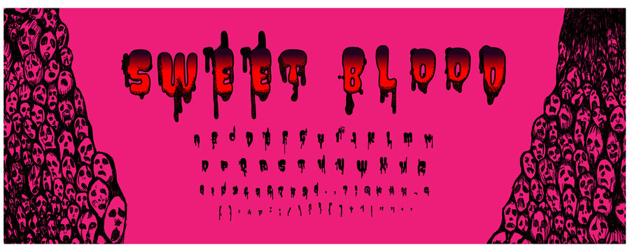 Sweet blood fonts and number vector in comic style art with screaming ghosts border isolated on pink background