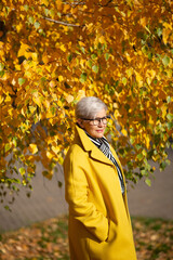 adult woman in yellow coat in the park in autumn