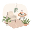 Modern home interior with armchair, table, rug, house plants, teacup and books. Cosy living room vector illustration