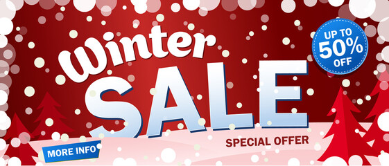 Wall Mural - Set bright horizontal Sale banner on red background with snowflakes. Text - Winter sale, special offer. Up to 50 off. Final offer. Snow vector illustration.