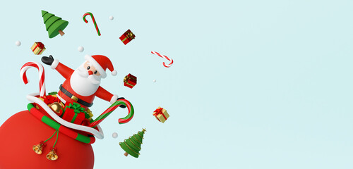 Wall Mural - Merry Christmas and Happy New Year, Santa Claus pop out of the gift bag, 3d rendering