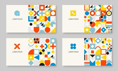 Sticker - Abstract colorful Bauhaus geometric flyer set. Poster or banner trendy design with circle, triangle and square vector elements