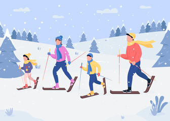 Poster - Family skiing flat color vector illustration. Traditional holiday activity. Gliding on snow hills. Happy family members 2D cartoon characters with forest covered with snow on background