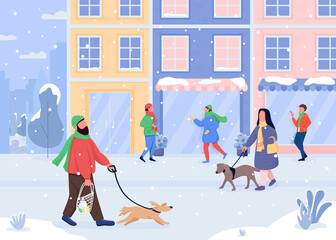 Poster - Walking dog in winter flat color vector illustration. Snowy weather. Light snowfall. Closed stores. Going out with pet. Christmas 2D cartoon characters with holiday city on background