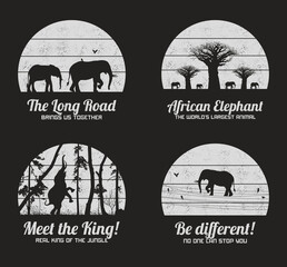 Sticker - Set of black and white retro illustrations with silhouettes of elephants. Texture backgrounds with big endangered animals in wild. Vector vintage designs for prints, t-shirts