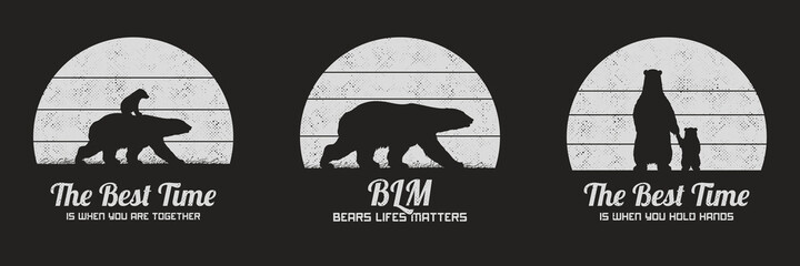 Sticker - silhouette of bear. black white animal set. retro background