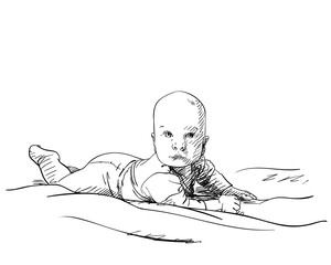 Wall Mural - Small baby boy lying on stomach in bed and raising his head and looking ahead with interest, Vector drawing, Hand drawn illustration. Black ink sketch on white