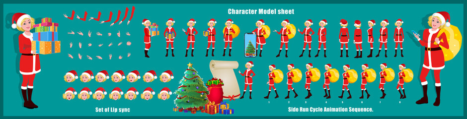 Christmas Santa Girl Character Design Model Sheet with walk cycle and run cycle animation.  Girl Character design of Front, side, back view and explainer animation poses. Character set with lip sync. 