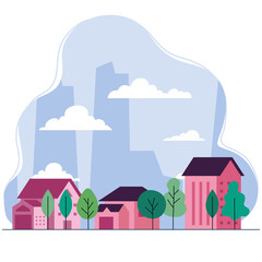 Wall Mural - City landscape with houses trees and clouds design, architecture and urban theme Vector illustration