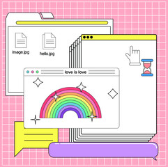 Poster - Love is love concept, LGBTQ+. Collage of user interface elements and rainbow symbol. Vaporwave aesthetics of 80's.