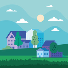 City Landscape With Houses Trees Clouds And Sun Design, Architecture And Urban Theme Vector Illustration