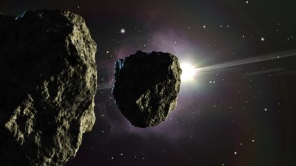 Wall Mural - point of view two asteroid rocks floating in space and a bright star.