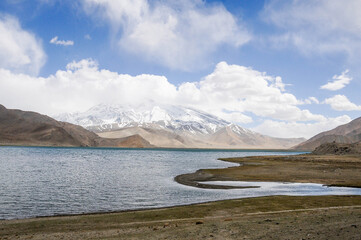 View of the karakoram mountain range from the Karakul lake, Xinjiang Province, China