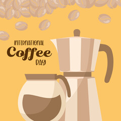 Poster - international coffee day with pot and kettle vector design