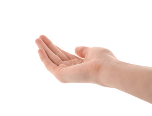 Wall Mural - woman holding something on white background, closeup of hand