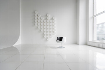 Wall Mural - modern futuristic contemporary interior in extra white color with stylish chair and decorative wall