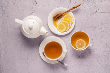 Wall Mural - Green tea with lemon and honey, Immunity boosting and cold remedies.