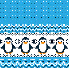 Wall Mural - New Year's Christmas pattern pixel with penguins vector illustration