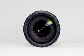 camera lens close up on gray background