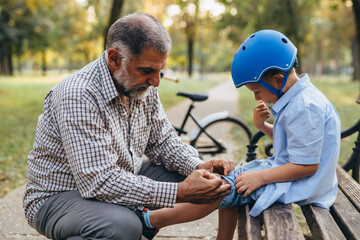 Wall Mural - grandfather applying bandage to his grandson knee, boy fallen from the bike