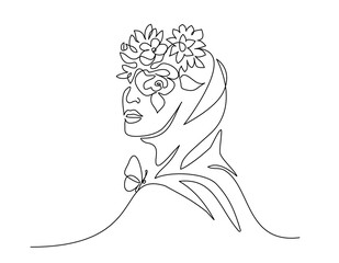 Wall Mural - Young happy woman in hijab with flowers on her face