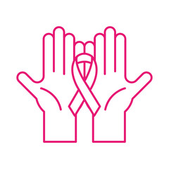 Poster - breast cancer ribbon on hands line style icon vector design